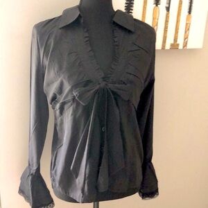 NWT eShe brand Black career blouse Vneck with bow, long sleeves flutter wrists